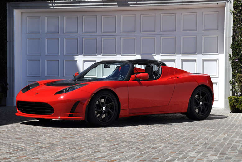 Tesla Roadster, 2.5, Radiant Red, Verdeck offen, Seitenansicht, Foto: Tesla Motors